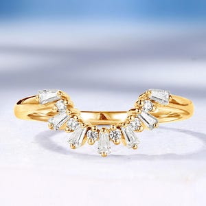 Tapered Baguette Moissanite Curved Wedding Band: Yellow Gold, Handmade Stacking Ring by HelloRing