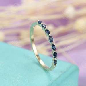 Sapphire wedding band Marquise cut ring 7 stones Vintage Women Stacking half eternity Matching Bridal Anniversary Birthstone Promise ring
