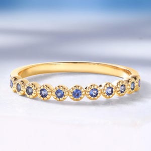 Classic Lab Grown Sapphire Wedding Band, Elegant Half Eternity Band Ring, 14K Solid Gold Ring, Promise Anniversary Ring for Women -HelloRing