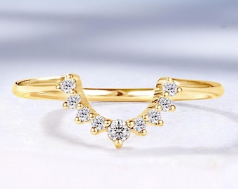 Vintage Diamond Curved Wedding Band, Delicate Yellow Gold Band, Half Eternity Band, Unique Stacking Matching Ring, Promise Rings for Women
