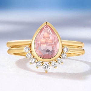 Vintage Pear Cut Rose Quartz Engagement Ring Set, Rose Gold Wedding Ring Set, Diamond Stacking Ring Set, Custom Bridal Ring, Promise Ring