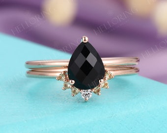 Unique Pear cut black Onyx Vintage Rose Gold engagement ring set Peridot Curved wedding band Anniversary handmade Promise prong set ring