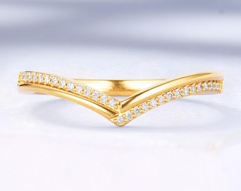 Lab Grown Diamond Curved Wedding Band, V-Shape Solid Gold Design, Custom Matching Ring by HelloRing