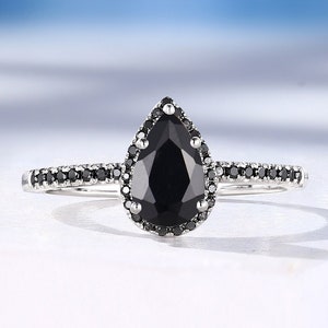 Vintage Black Onyx Engagement Ring: Art Deco Black Diamond Halo, Half Eternity Anniversary Ring
