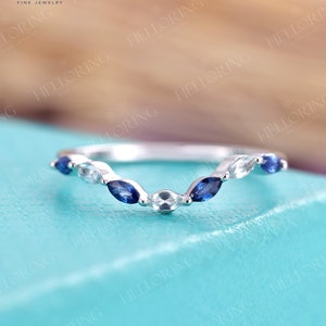Aquamarine Sapphire Wedding band white gold marquise cut vintage Bridal Curved band Matching Stacking Promise Simple Anniversary ring