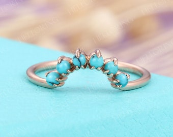 Curved wedding band rose gold Vintage Turquoise Unique Stacking Matching Antique Art deco Promise Birthstone Anniversary Christmas ring