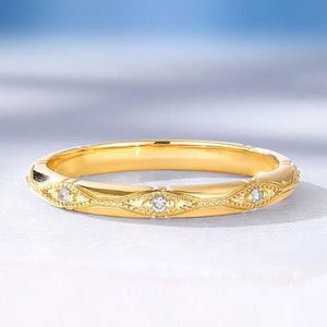 Vintage 18K Rose Gold Wedding Band, Art Deco Women Diamond Ring, Delicate Milgrain Bridal Ring, Antique Stackable Matching Rings for Her