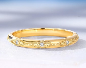 Vintage 18K Rose Gold Wedding Band, Art Deco Women Diamond Ring, Delicate Milgrain Bridal Ring, Antique Stackable Matching Rings for Her