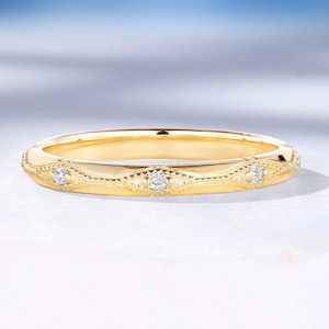 Vintage Natural Diamond Wedding Band, Solid Gold Milgrain Band, Moissanite Stacking Matching Ring by HelloRing
