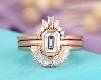 Vintage Moissanite Engagement Ring set Emerald Cut Rose Gold wedding ring set Baguettes diamond CZ  ring set Unique Art deco Bridal set