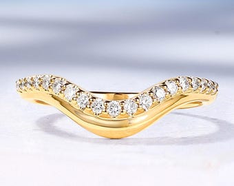 Lab Grown Diamond Curved Wedding Band, Solid Gold, Handmade Matching Anniversary Ring for Women