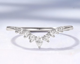 Vintage Diamond or Moissanite Chevron Wedding Band: White Gold, Curved Stackable Matching Ring - HelloRing