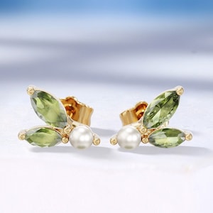 Marquise Peridot Stud Earrings Gold Cluster Studs Freshwater Pearl Earrings Elegant Delicate Stud Earring Gift For Her - Custom By HelloRing