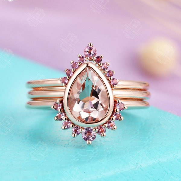 3pcs Morganite Engagement Ring set Pear Shaped Vintage Rose Gold Amethyst Stacking Wedding band Women Bridal set  Anniversary ring