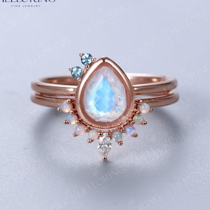 Moonstone engagement ring set Vintage pear cut ring Curved Opal wedding band Rose gold ring set Marquise diamond ring London blue topaz band
