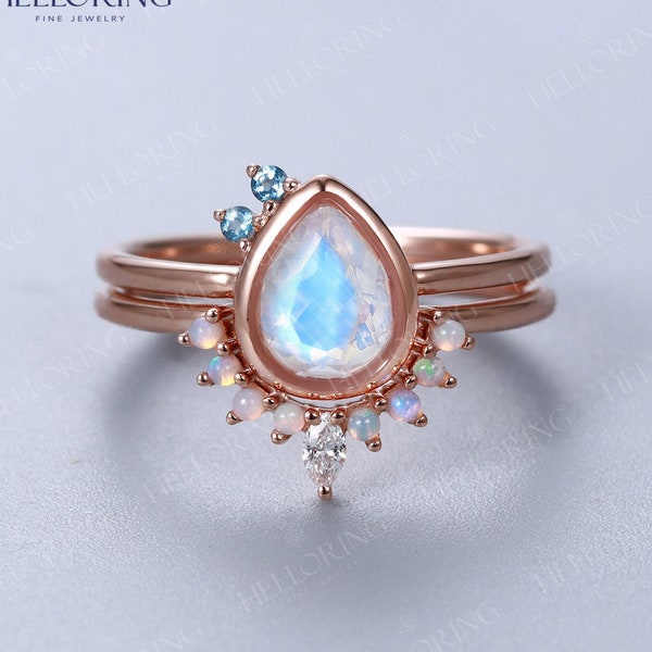 Moonstone engagement ring set Vintage pear cut ring Curved Opal wedding band Rose gold ring set Marquise diamond ring London blue topaz band