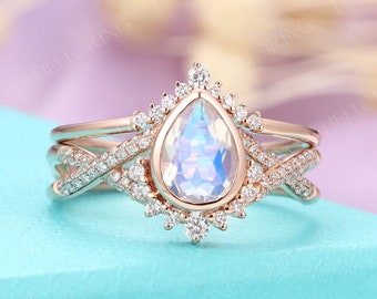 vintage Moonstone engagement ring set pear ring rose gold diamond moissanite wedding band twisted ring Anniversary Promise ring