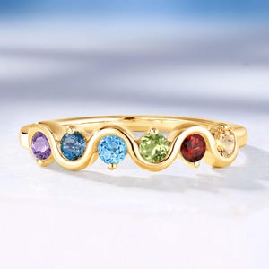 Custom Round Birthstone Ring, Wave Solid Gold Wedding Band, Delicate Stackable Gemstone Ring, Personalized Gifts for Her by HelloRing