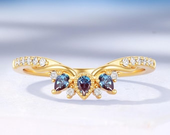 Vintage Lab Alexandrite Curved Wedding Band, Half Eternity Moissanite Ring, Custom Matching Ring for Women