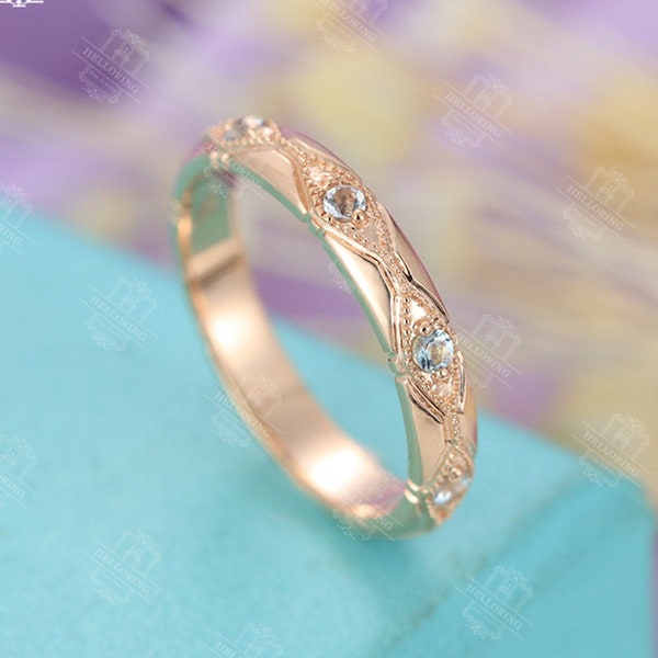 Aquamarine wedding band Vintage wedding band Rose gold Women Antique Milgrain Matching Stacking Bridal set Promise Anniversary ring