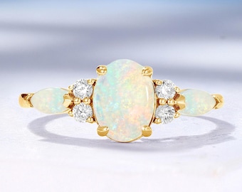 Classic White Opal Engagement Ring: Cluster Moissanite, Yellow Gold Band, Custom Birthstone Ring