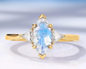 Vintage Marquise Moonstone Engagement Ring, Art Deco Solid Gold Wedding Ring, Unique Bridal Promise Anniversary Ring