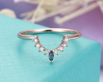 Curved wedding band Rose gold with marquise cut London blue topaz and Round opal Matching Art deco Stacking Unique Anniversary Promise ring