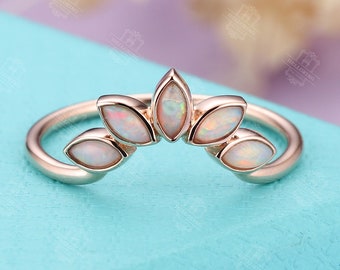 Opal wedding band rose gold Marquise cut matching ring Delicate Art deco petals ring Stacking Unique Birthstone Bezel set anniversary ring