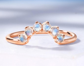 Fede nuziale curva con pietra di luna blu: oro rosa, anello personalizzato abbinato di HelloRing
