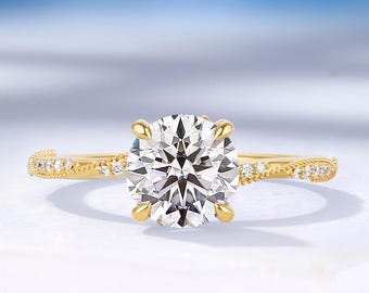 Classic Moissanite Engagement Ring, Hidden Lab Sapphire, Solid Gold Wavy design Milgrain Ring, Wedding Rings for Women