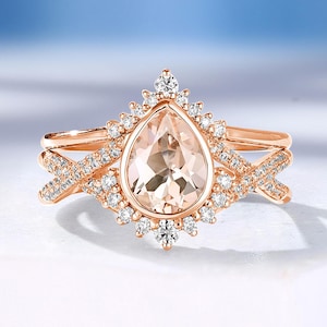 Vintage Pear Morganite Engagement Ring Set, Art Deco Diamond Moissanite Halo Band, Rose Gold Twisted  Bridal Ring Set, Anniversary Ring