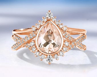 Vintage Pear Morganite Engagement Ring Set, Art Deco Diamond Moissanite Halo Band, Rose Gold Twisted  Bridal Ring Set, Anniversary Ring