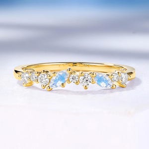 Moonstone and Moissanite Wedding Band, Solid Gold, Custom Stacking Birthstone Ring by HelloRing