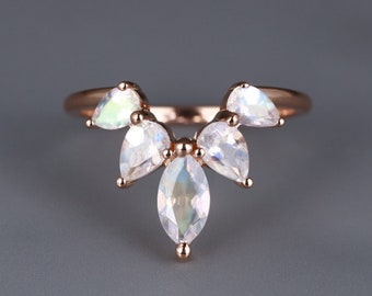 Moonstone wedding band Rose gold Women Curved Marquise cut Pear cut Art deco Vintage Matching Anniversary Unique Promise Prong ring