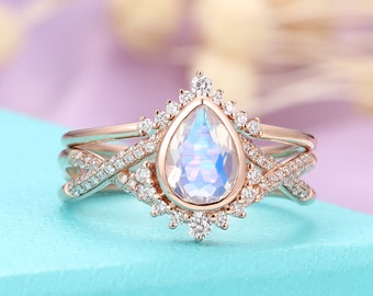 Vintage moonstone engagement ring set Pear shaped Rose gold art deco ring set wedding ring set Diamond moissanite anniversary ring