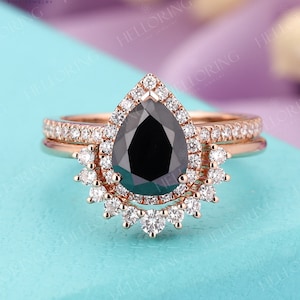 Black Onyx Sapphire engagement ring set Rose gold Pear cut wedding ring vintage Halo diamond moissanite ring Anniversary Promise ring image 1