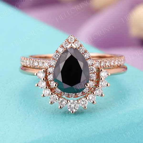 Black Onyx Sapphire engagement ring set Rose gold Pear cut wedding ring vintage Halo diamond moissanite ring Anniversary Promise ring