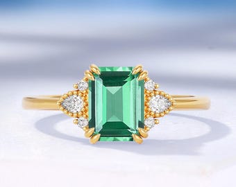Emerald Cut Lab Green Sapphire Engagement Ring with Moissanite, Solid Gold Promise Rings for Women