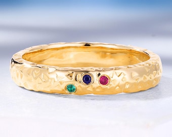 Personalized Birthstone Wedding Band, Lab Grown Sapphire, Ruby & Emerald, Custom Keepsake Ring for Women