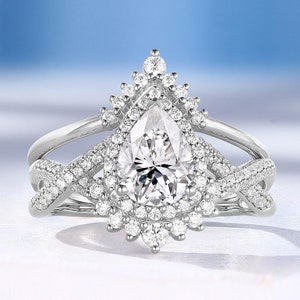 Vintage Pear Moissanite Engagement Ring Set, White Gold Twisted Ring, Halo Diamond Moissanite Ring, Chevron Wedding Band, Anniversary Ring