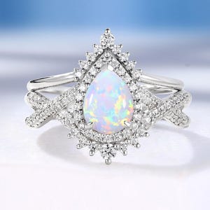 Vintage Pear Opal Engagement Ring Set, Handmade White Gold Ring, Unique Halo Diamond Moissanite Wedding Ring, Larimar Ring, Anniversary Ring