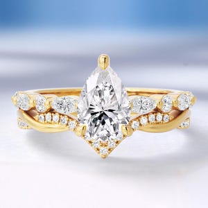 Vintage Pear Moissanite Bridal Ring Set, Hidden Halo Moissanite Engagement Ring with Curved Wedding Band, 18K Solid Gold Ring by HelloRing