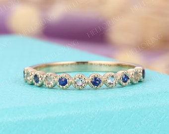 Vintage Sapphire Wedding band yellow Gold ring Aquamarine Half eternity band Dainty Simple Delicate Stacking Bridal band Milgrain band