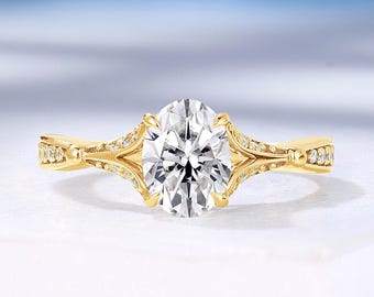 Vintage Solitaire Lab Grown Diamond Engagement Ring,Solid Gild Split Wedding Ring,Half Eternity Diamond Ring,Custom Birthstone Promise Ring