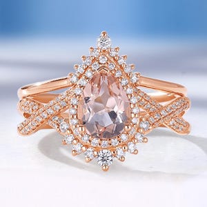 Vintage Pear Morganite Engagement Ring Set,Handmade Rose Gold Ring,Halo Moissanite / Diamond Wedding Band,Women Art Deco Twisted Bridal Ring