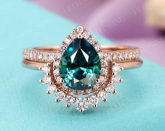 Teal sapphire engagement ring set Blue green sapphire Rose gold engagement ring vintage Halo diamond ring stacking matching band