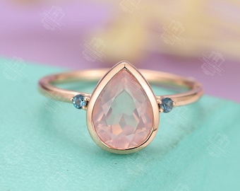 Vintage Rose quartz engagement ring art deco ring Rose gold ring wedding ring Pear shaped ring unique ring Bridal ring Anniversary ring