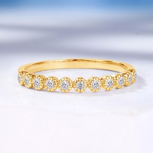 Vintage Round Diamond Wedding Band, Half Eternity Band, Delicate Milgrain Gold Matching Ring