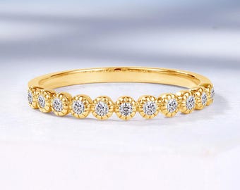 Vintage Round Diamond Wedding Band, Half Eternity Band, Delicate Milgrain Gold Matching Ring