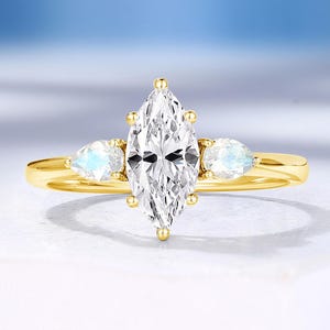 Custom Three Stone Engagement Ring, Moissanite and Moonstone Ring, Solid Yellow Gold Bridal Ring, Family Promise Ring by HelloRing